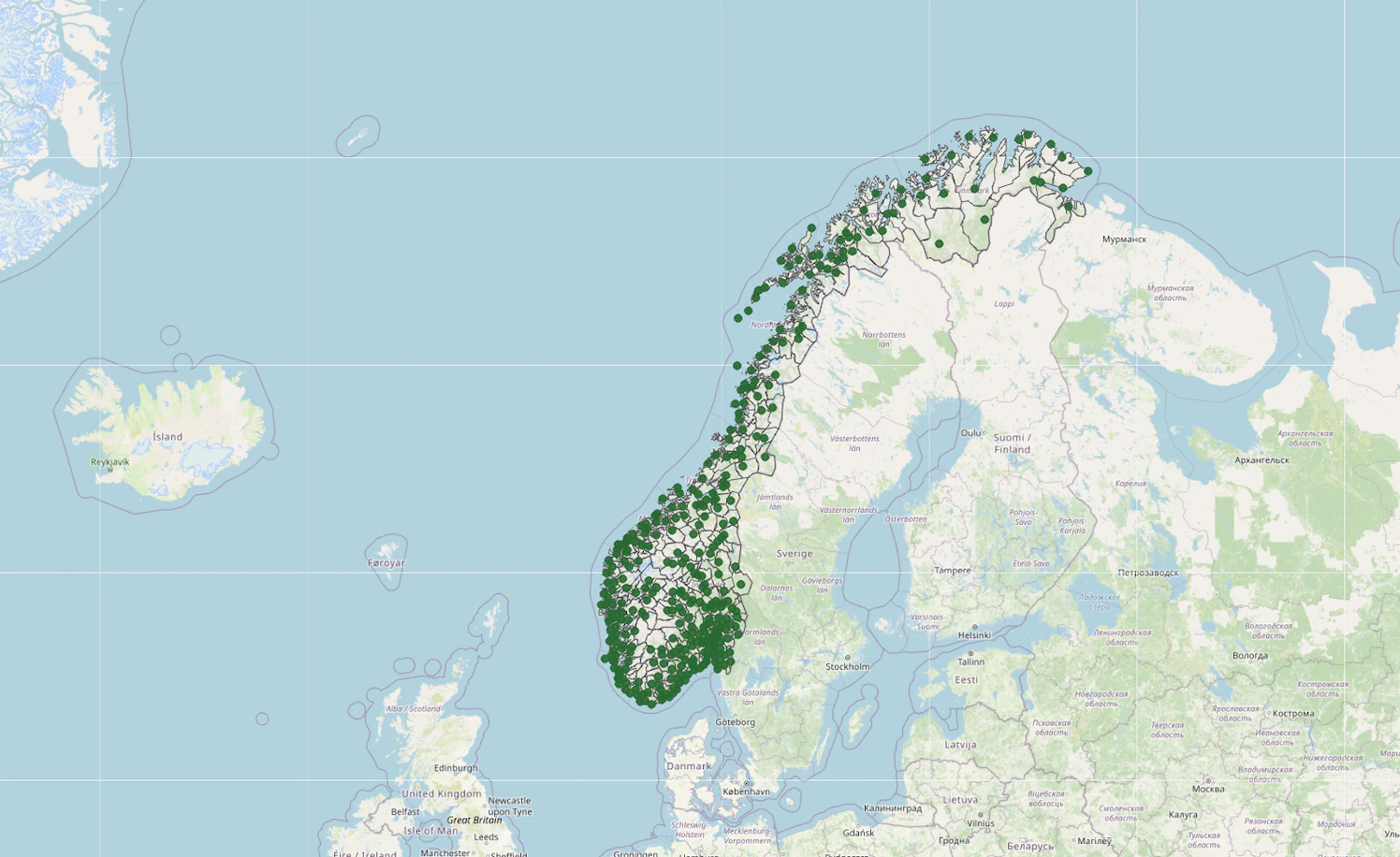 Kart over Norden med målestasjoner for klimadata i Norge